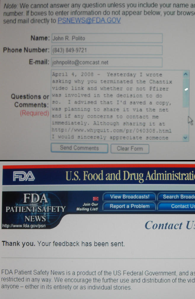 The top half of this image reflects an email submission made on the FDA's Patient Safety News website form on the morning of April 4, 2008, at 09:58 EST, echoing a submission made on April 3, 2008