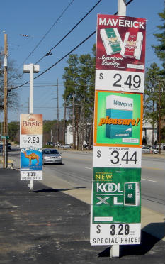 Roadside cigarette advertisements along Broad River Road, Columbia, SC on February 8, 2008