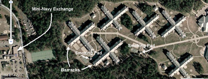 Google map image showing the location of the NWS Mini-Exchange, where tobacco products are aggressively marketed, in relation to the NNPTC student housing complex.