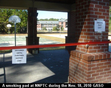 A secured smoking pad beside a basketball court at the Navy Nuclear Power Training Command during the Great American Smokeout on November 18, 2010