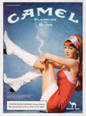 A scan of page 13 of the October 24, 2005 issue of TIME magazine showing a red-headed shapely girl in white go-go boots and a red mini-skirt with white trim sitting on her butt with white boots up on a wall while smoking a cigarette.