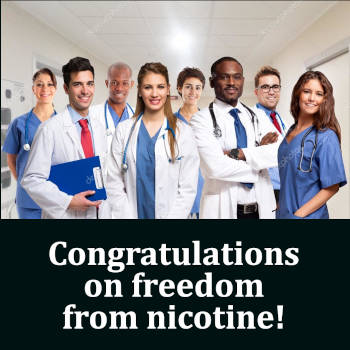Photo of 8 smiling health care providers captioned 'Congratulations on freedom from nicotine!'