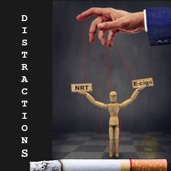 A hand controlling strings to a wooden person puppet holding NRT and e-cig signs with cigarette beneath and captioned 'distractions' 