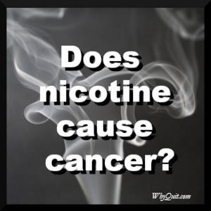 A black and white photo of smoke with white text asking 'Does nicotine cause cancer' 