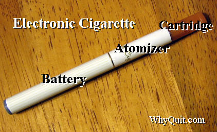 Picture of an electronic or e-cigarette showing three segments, a battery compartment, atomizer and a liquid reservoir cartridge that also serves as a mouth piece.