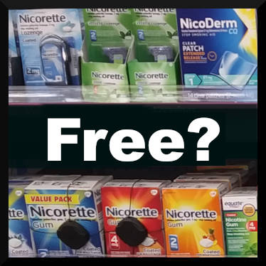 An assortment of nicotine replacement therapy gum, patch and lozenge products captioned Free!