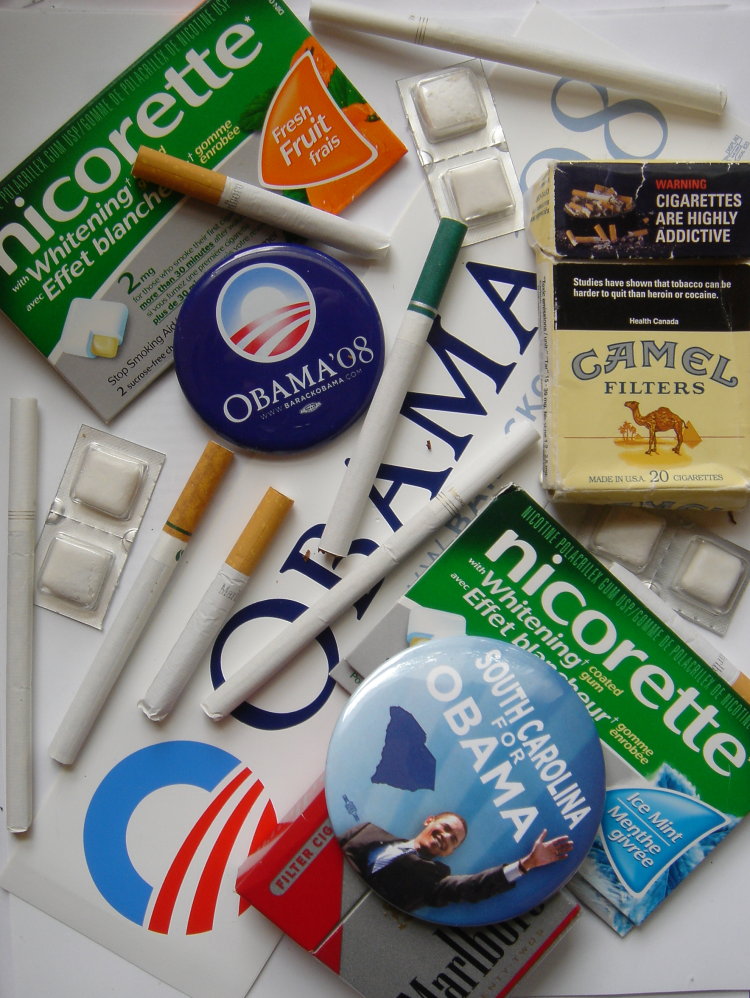 Senator Obama's 2008 Presidential campaign while struggling with his chemical addiction to smoking and chewing nicotine.