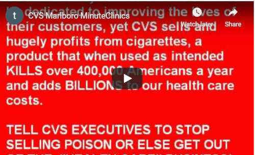 Video screenshot explaining the incongriuty of CVS Marlboro Minute Clincs when CVS sells cigarettes