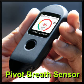 A photo of a hand holding a Pivot breath sensor that is captioned Pivot Breath Sensor.