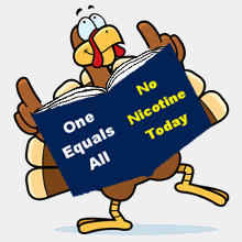 Turkey holding a book whose cover reads One Equals All - No Nicotine Today