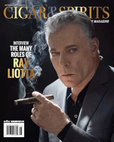 A September 2021 cigar magazine cover featuring Lay Liotta holding a lit cigar.