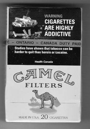 Addiction warning on Canadian pack of Camel cigarettes - smoking is highly addictive, harder to quit than heroin or cocaine