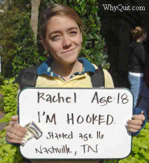 Rachel, an 18-year-old College of Charleston freshman holds a sign which reads, Rachael, Age 18, I'm Hooked, Started Age 16, Nashville, TN