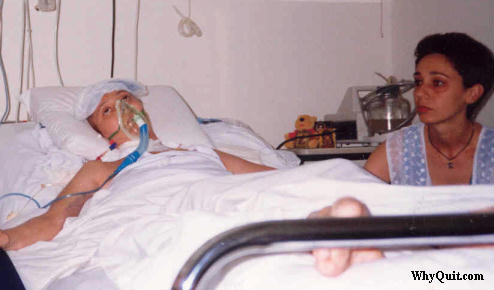 Noni Glykos, a Camel smoker, on her death bed dying of lung cancer.